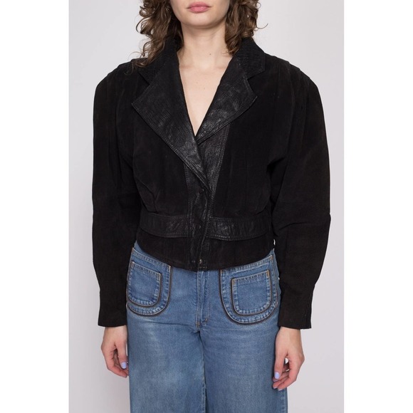 80s Black Leather Cropped Moto Jacket - Medium | Vintage Oversized Suede Coat - Picture 2 of 10